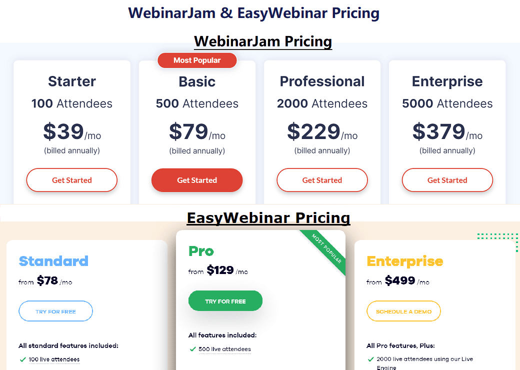 WebinarJam and EasyWebinar Pricing